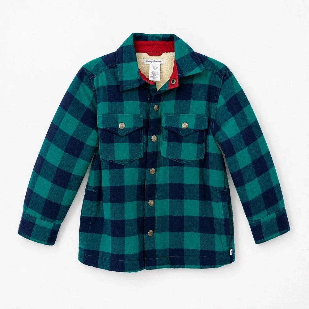 Tommy Bahama Boys Size‎ 4 Green Blue Plaid Sherpa Lined Flannel Shirt Jacket